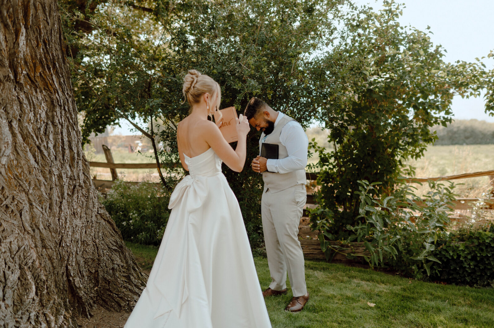 Groom getting emotional after seeing his bride during their first look.
