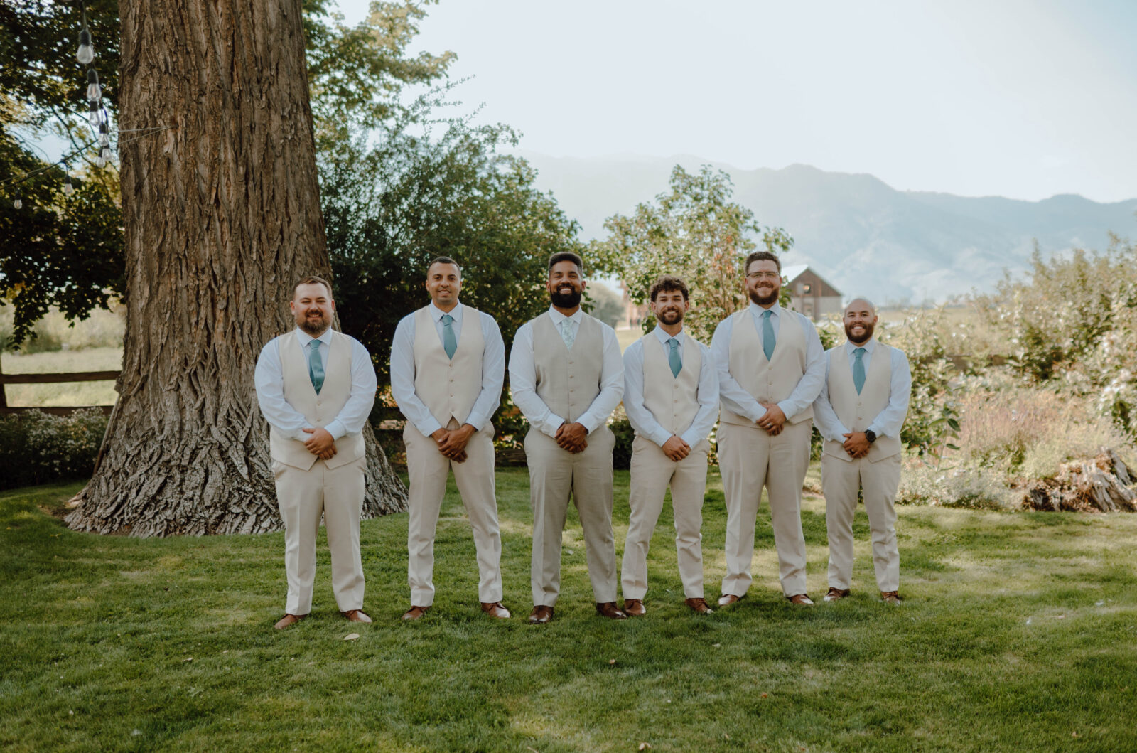 Groom and groomsmen standing on a grassy lawn in cream suits and light blue ties with mountains behind them.