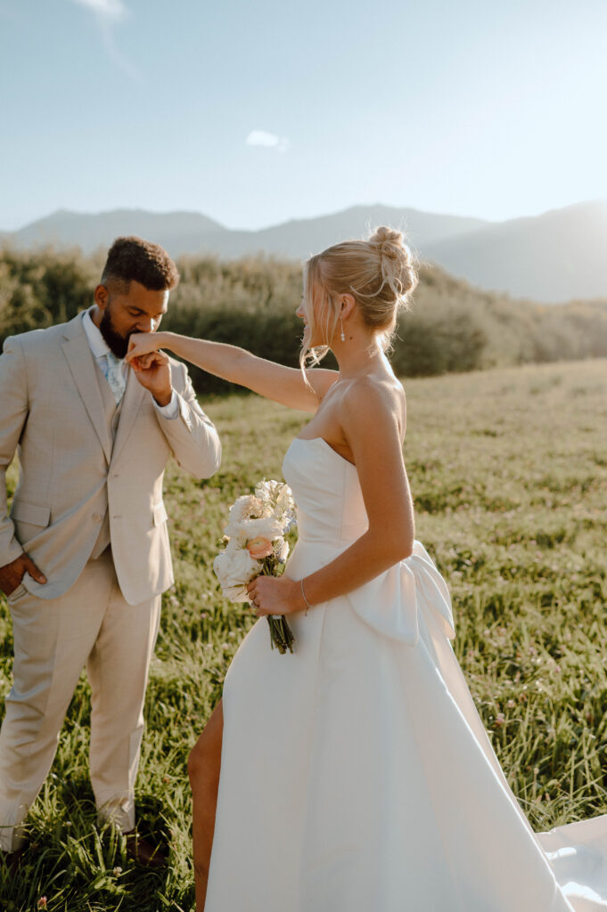 Groom kissing the bride’s hand during golden hour portraits in a grassy field with mountains behind them.