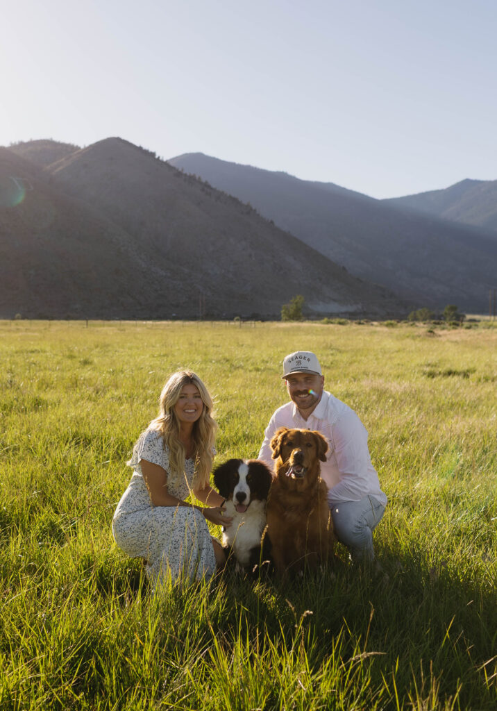 Couple posing with their two dogs in an open field and mountains behind them.
