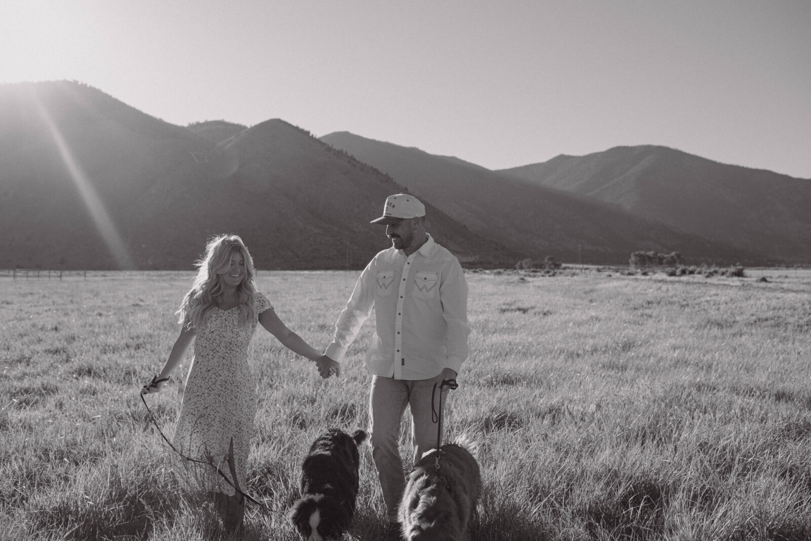 Black and white photo of a couple walking their dogs in an open field at golden hour.