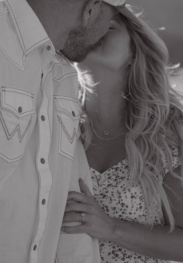 Close up shot of a couple kissing. 